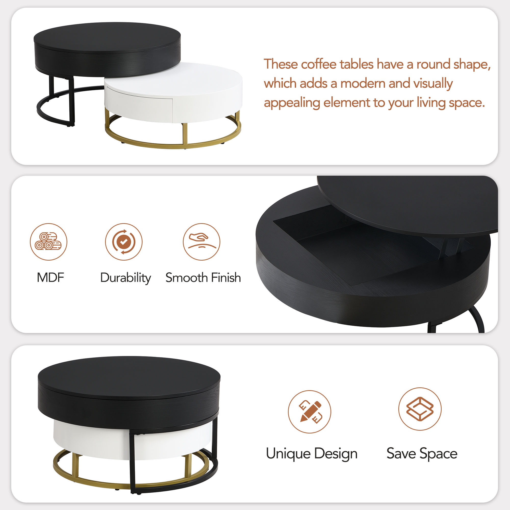 Modern Round Lift Top Nesting Coffee Tables With Drawers White Black