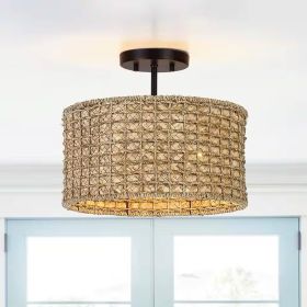 Bohemian 13.6-inch Round Rattan Drum 2-Light Ceiling Light - Semi-Flush Mount