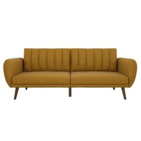 Mustard Linen Upholstered Futon Sofa Bed with Mid-Century Style Wooden Legs