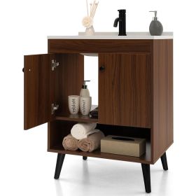 Mid-Century Modern Bathroom Vanity in Walnut Wood Finish with Sink