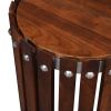 Myla 15 Inch Handcrafted Round Side End Table with Vertical Planks, Iron Rivets, Dark Walnut Brown Acacia Wood