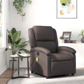 Massage Recliner Chair Dark Brown Real Leather