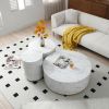 Set of 3 White Marble Pattern Round Coffee Table side Table End Table Set for Living Room Fully Assembled