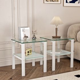 Set of 2, Glass two layer tea table, small round table, bedroom corner table, living room side table,White