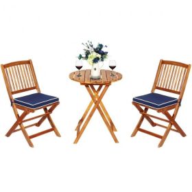 3 Pieces Patio Folding Wooden Bistro Set Cushioned Chair (Color: navy)